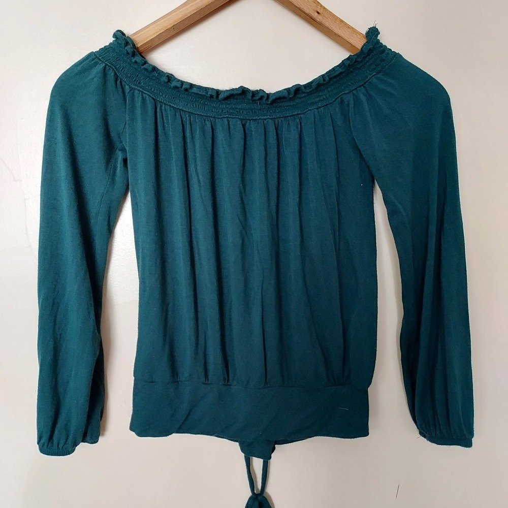 Aeropostale  XS Teal Green Off Shoulder Ruffle Knit Top Festival Boho Peasant‎